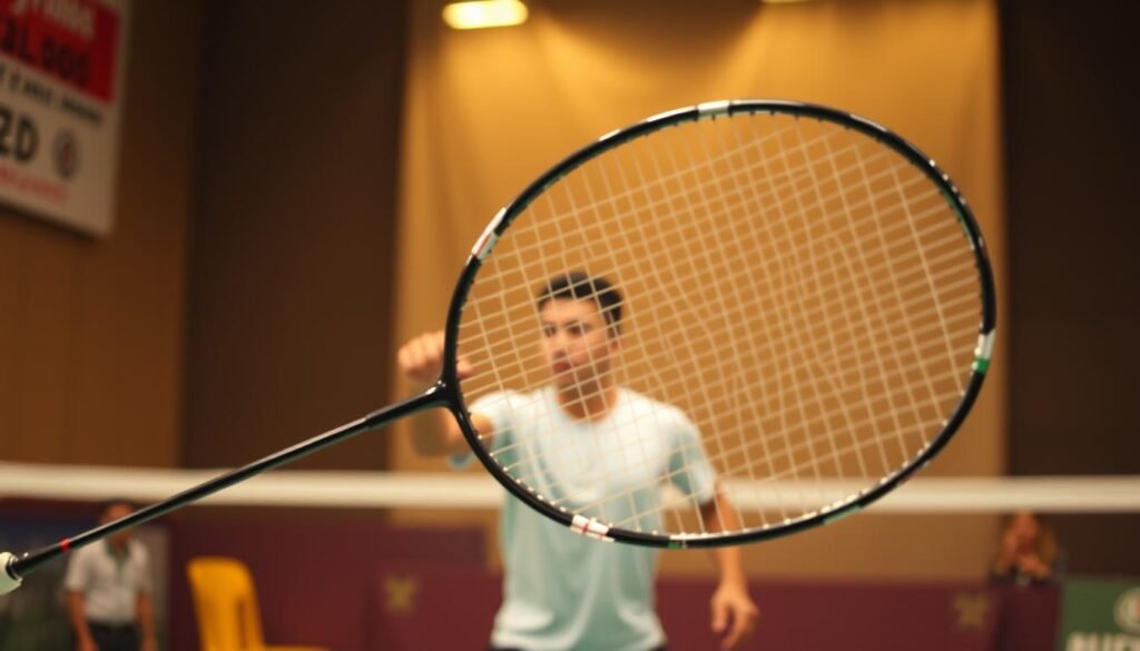 A high-tech badminton racket floats in the foreground, its sleek carbon fiber frame and aerodynamic design hinting at the innovative engineering behind it. In the middle ground, a skilled player stands ready, their expression one of focused determination as they prepare to unleash a powerful shot. The background is a blur of motion, capturing the dynamic energy of a competitive badminton match, set against a backdrop of state-of-the-art sports technology and equipment. Warm, diffused lighting casts a subtle glow, lending an air of professionalism and cutting-edge innovation to the scene. The overall composition conveys the intersection of advanced technology and the pursuit of athletic excellence in the realm of Indonesian badminton.