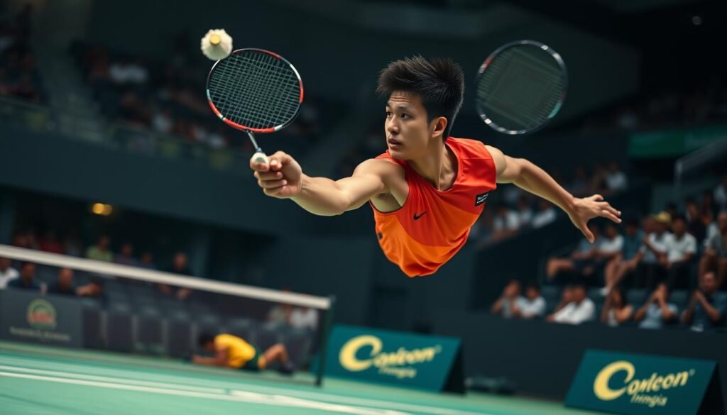 A legendary Indonesian badminton player in action, gliding across the court with grace and power. Clad in a sleek, vibrant uniform, they grip their racket with steely determination, eyes focused on the shuttlecock as it arcs through the air. The arena is alive with energy, spectators leaning forward in their seats, captivated by the athlete's precision and athleticism. Dramatic lighting casts dramatic shadows, accentuating the player's muscular physique and fluid movements. The background is a blur of motion, with the court's lines and the flashes of their opponents' uniforms adding to the sense of dynamism and intensity. This is the face of modern Indonesian badminton, a true champion inspiring the nation.