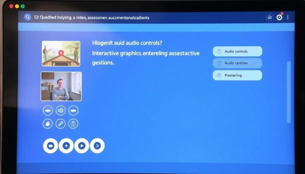 Interactive quiz with embedded video and audio elements, showing multimedia enhancement for online quiz effectiveness in e-learning