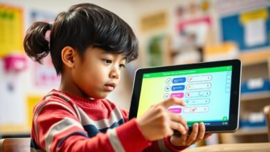 Student engaging with an interactive online quiz on a tablet, showing online quiz effectiveness in e-learning
