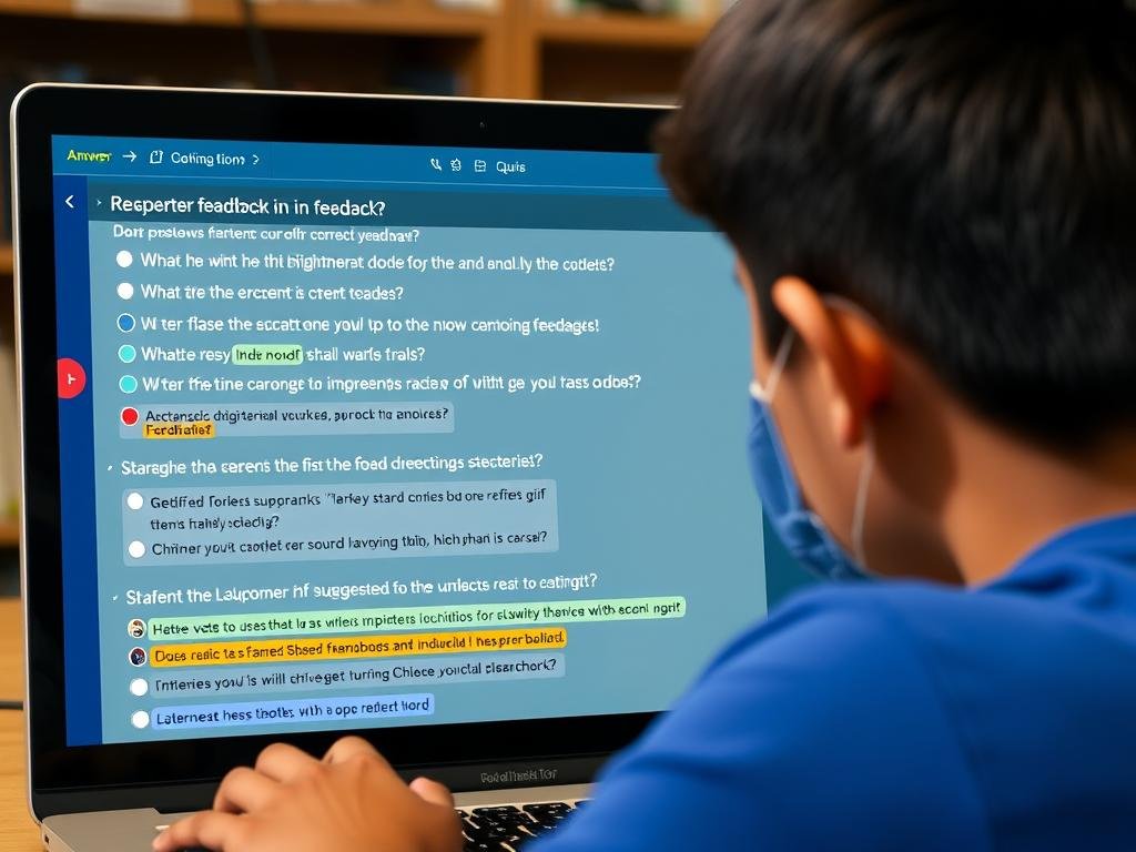 Student receiving detailed feedback on quiz answers, showing feedback mechanisms for online quiz effectiveness in e-learning