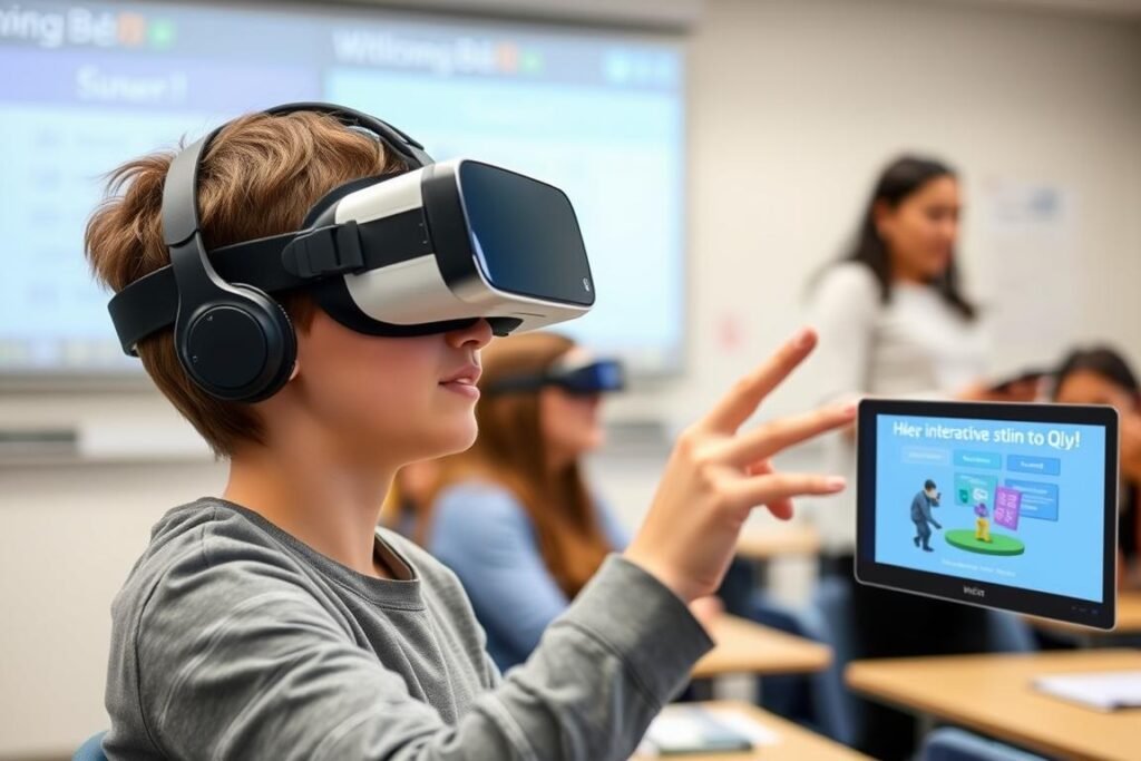 Student using VR headset for immersive quiz experience, showing extended reality for online quiz effectiveness in e-learning