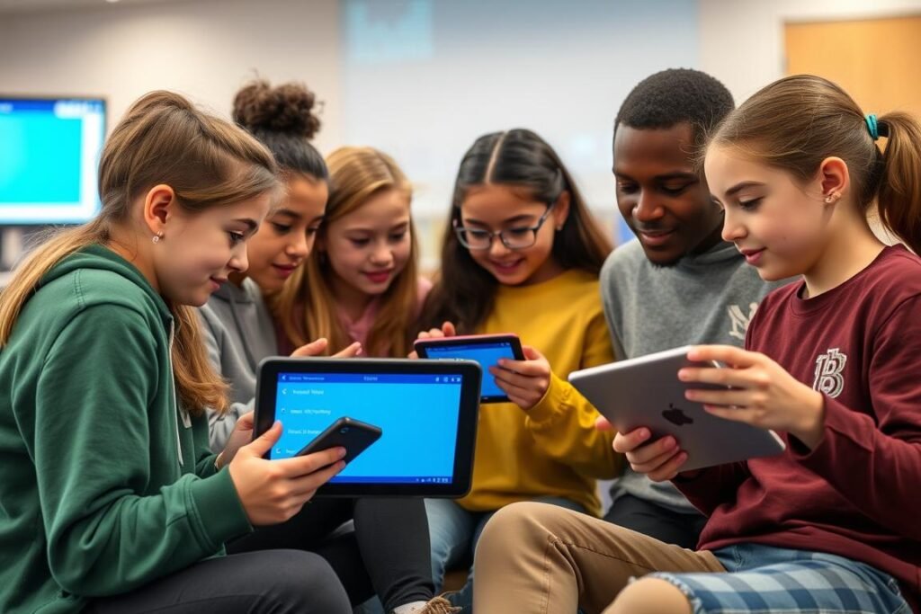 Students collaborating on a team quiz activity, illustrating collaborative assessment for online quiz effectiveness in e-learning