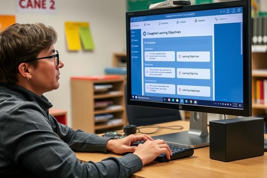 Teacher designing an online quiz with clear learning objectives, showing online quiz effectiveness in e-learning