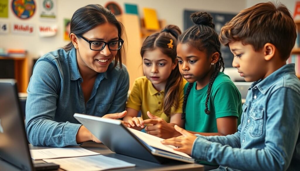 Teacher helping students navigate technical issues with online quizzes, illustrating challenges in online quiz effectiveness in e-learning