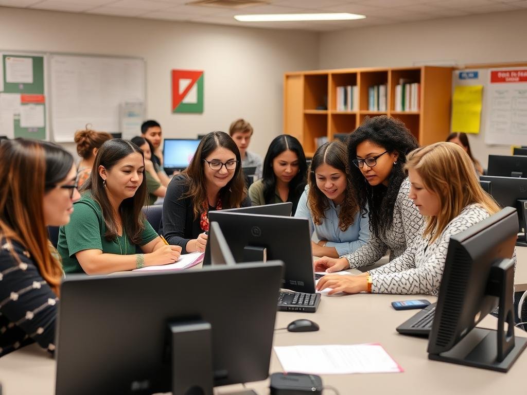 Teachers participating in professional development for online quiz design, highlighting training for online quiz effectiveness in e-learning