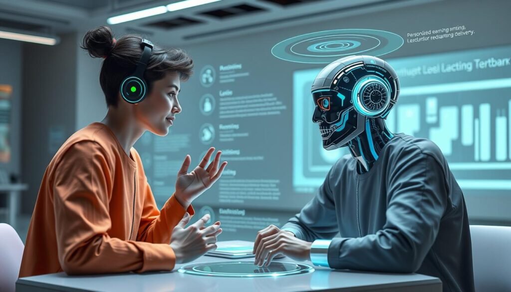 Visualisasi tutor virtual AI yang berinteraksi dengan siswa pada platform edukasi daring masa depan